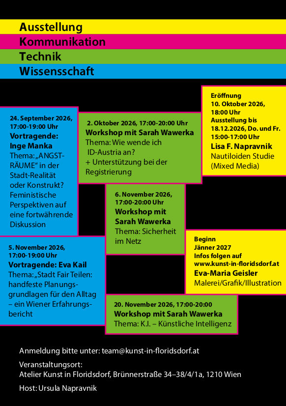 Die neue Programmreihe von Kunst in Floridsdorf. Aus den Bereichen Ausstellung, Kommunikation, Technik und Wissenschaft.